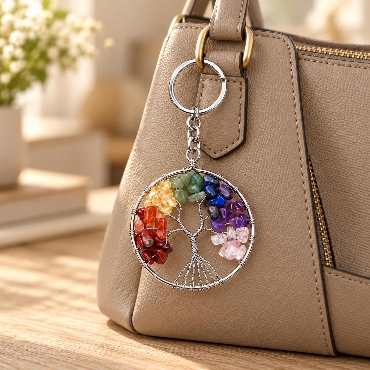 Radiant Roots Rainbow Tree of Life gemstone keychain displayed on a neutral purse.