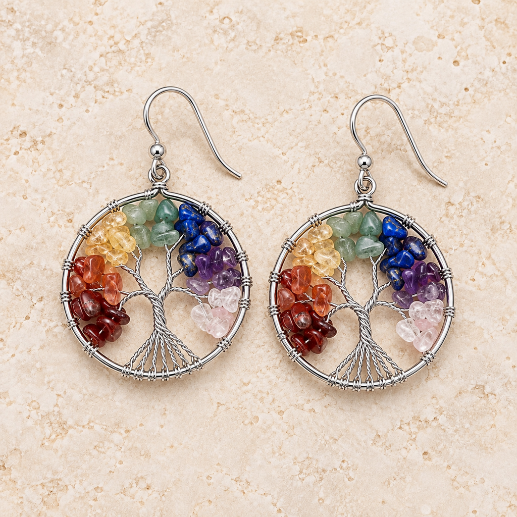 Radiant Roots Rainbow Tree of Life Earrings — solo view.