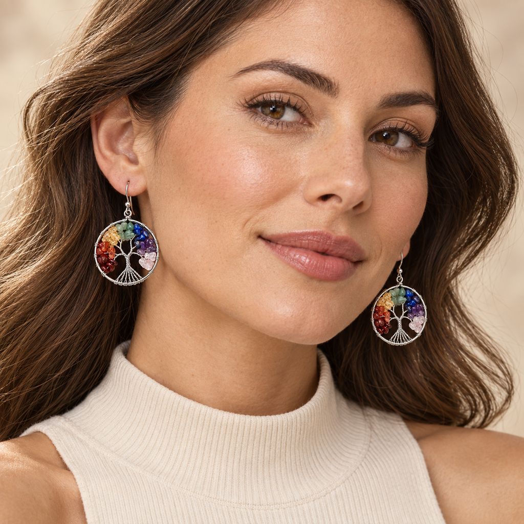 Radiant Roots Rainbow Tree of Life Earrings — worn view.
