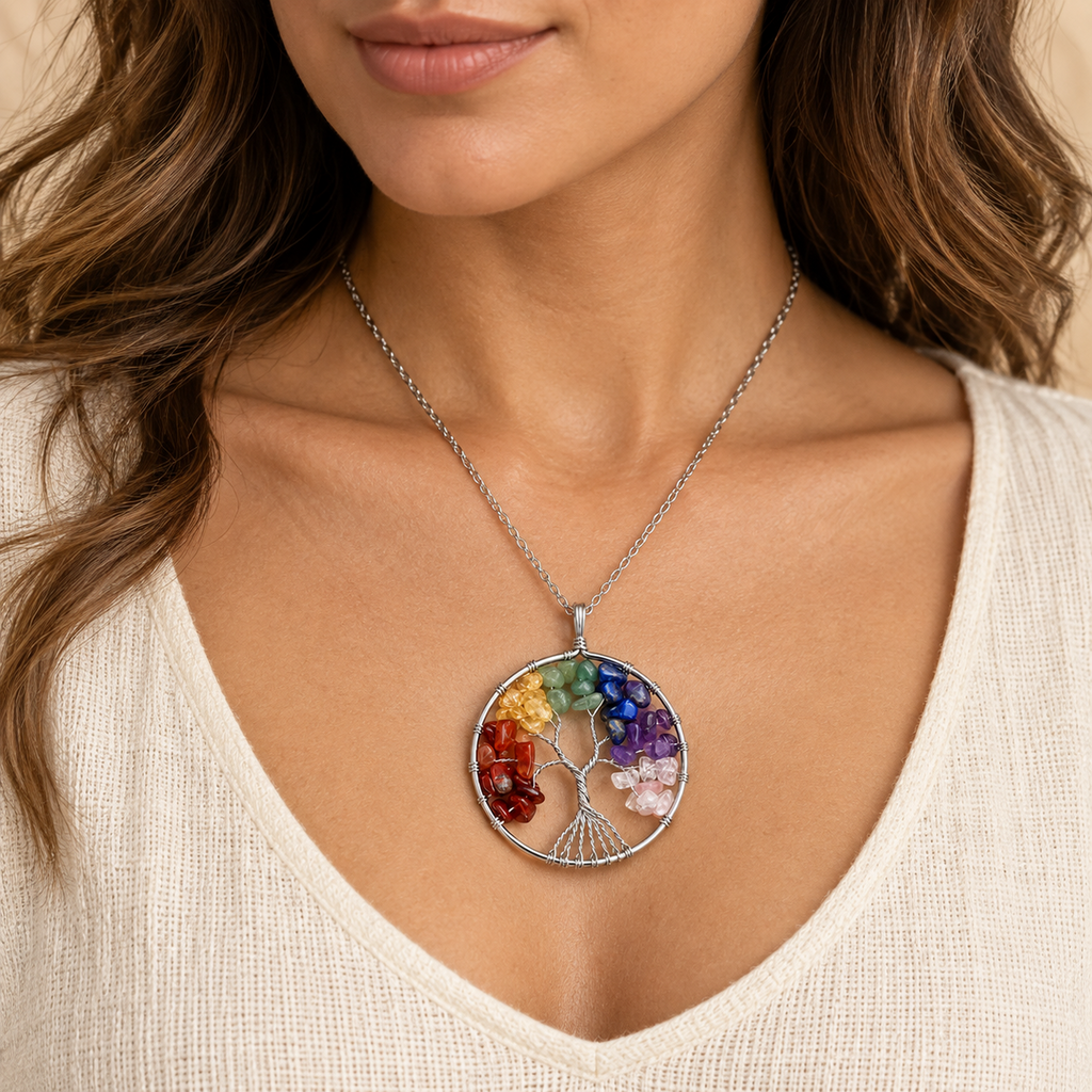 Radiant Roots Rainbow Tree of Life Pendant — worn view.