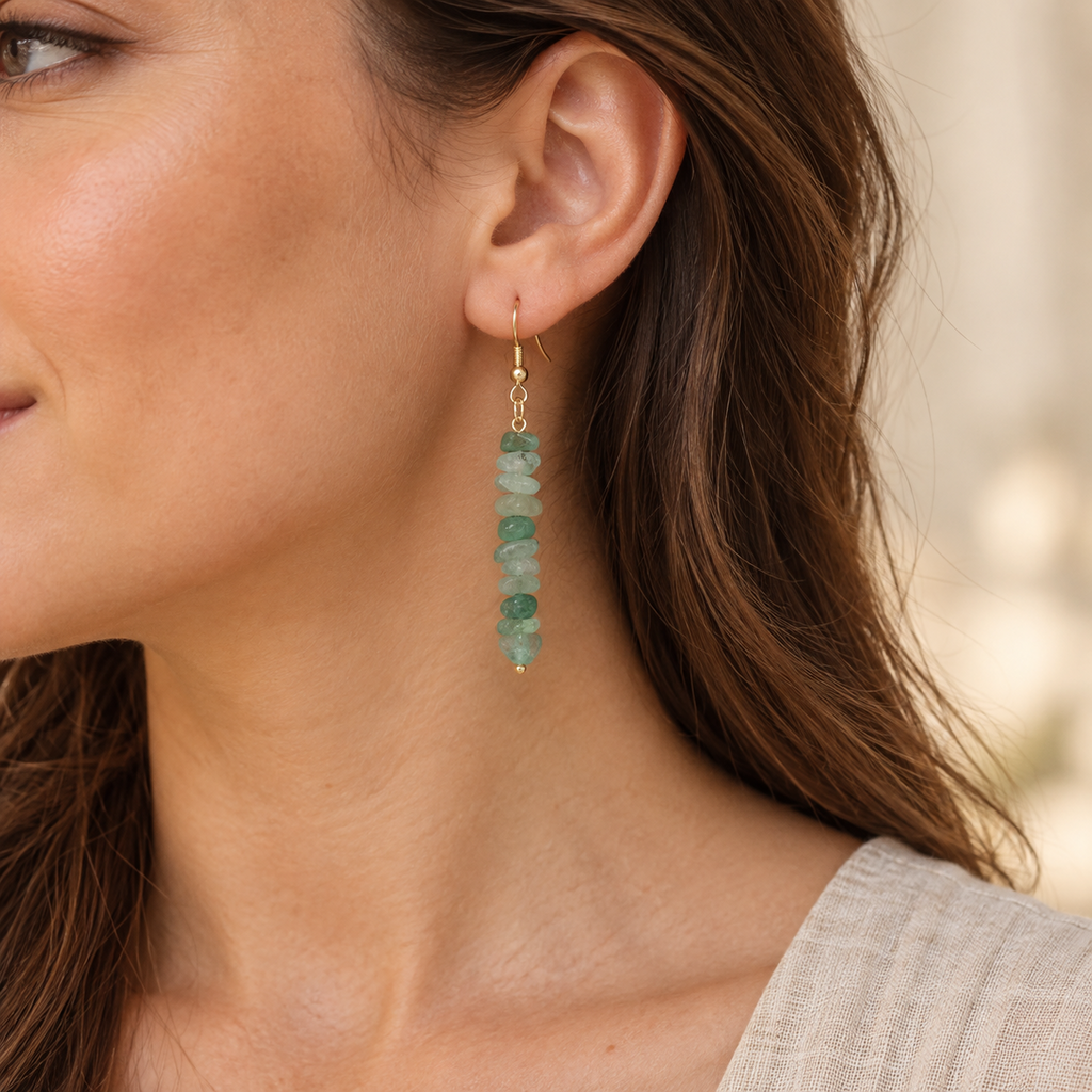 Model wearing Green Aventurine stone chip drop earrings with gold-tone hooks.