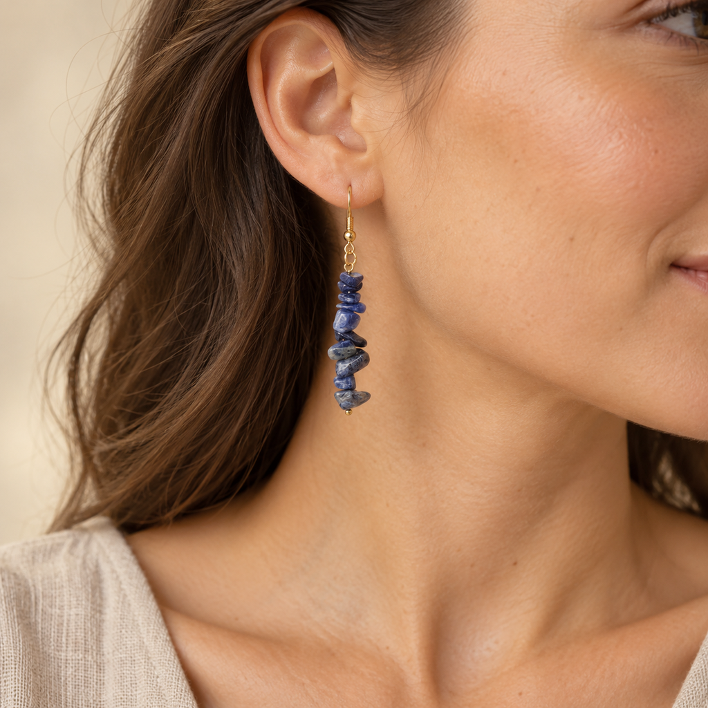 Model wearing Sodalite stone chip drop earrings with gold-tone hooks.