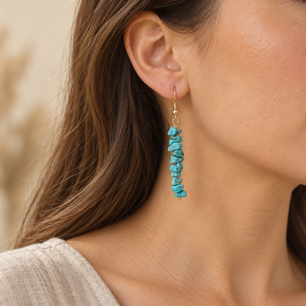 Model wearing Turquoise stone chip drop earrings with gold-tone hooks.