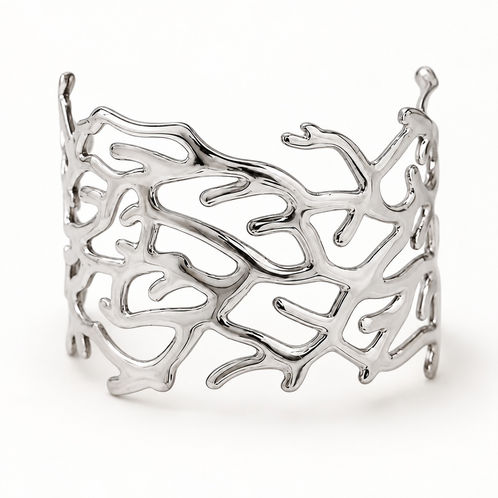 Sacred Root Cuff Bracelet in polished silver on a clean white background
