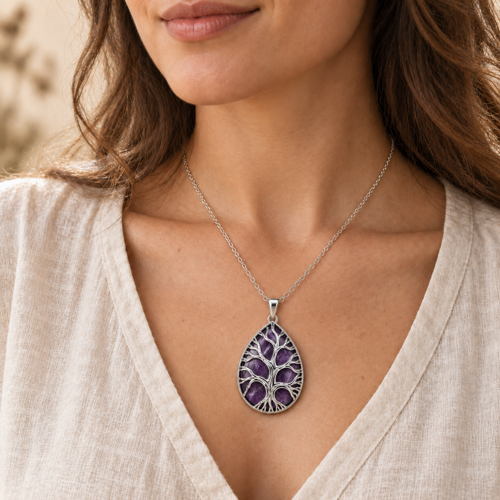 Model wearing the Dark Amethyst teardrop Tree of Life necklace.