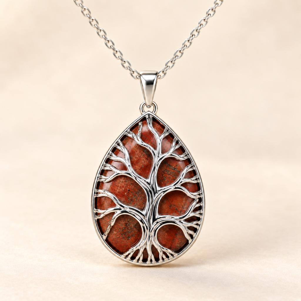 Jasper teardrop Tree of Life necklace on a warm cream background.