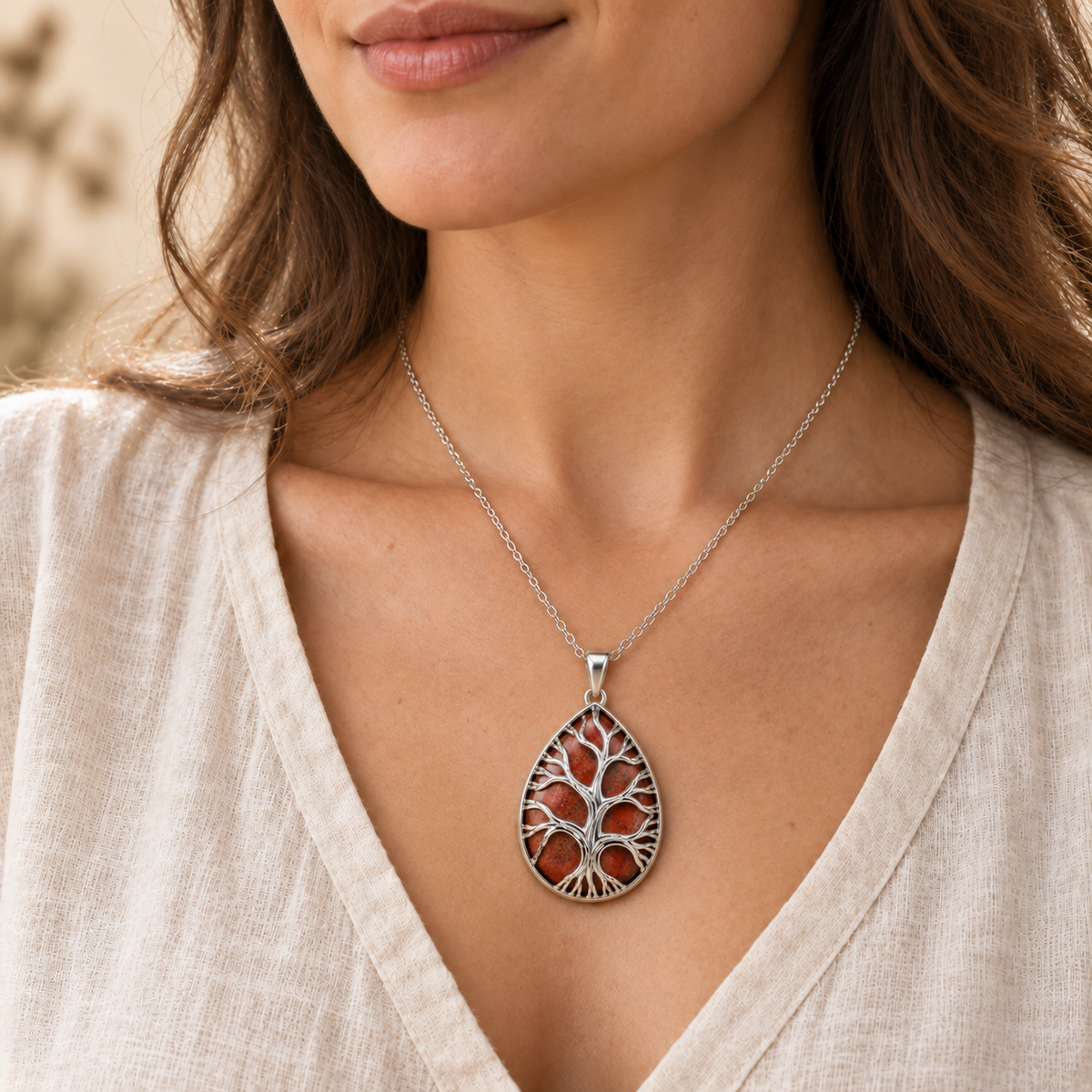 Model wearing the Jasper teardrop Tree of Life necklace.