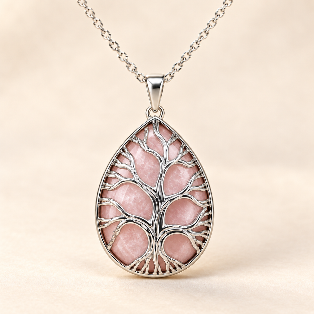 Rose Quartz teardrop Tree of Life necklace on a warm cream background.