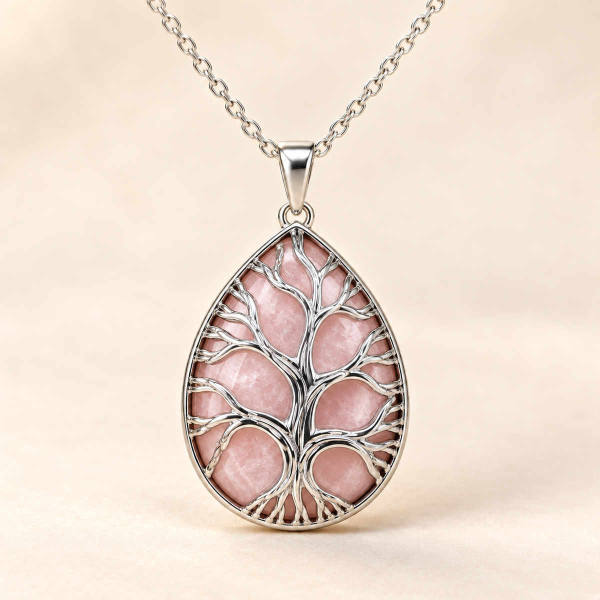 Rose Quartz teardrop Tree of Life necklace on a warm cream background.