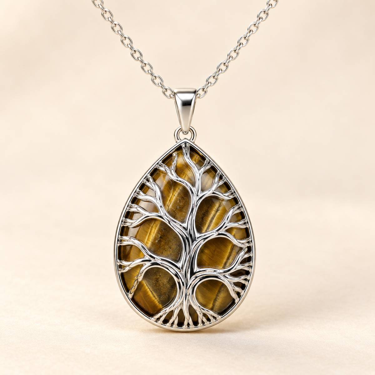 Tiger's Eye teardrop Tree of Life necklace on a warm cream background.