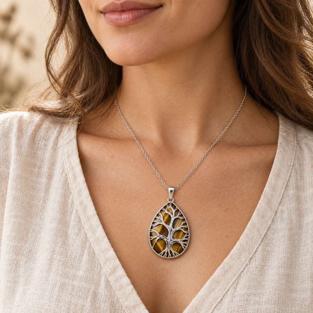 Model wearing the Tiger's Eye teardrop Tree of Life necklace.