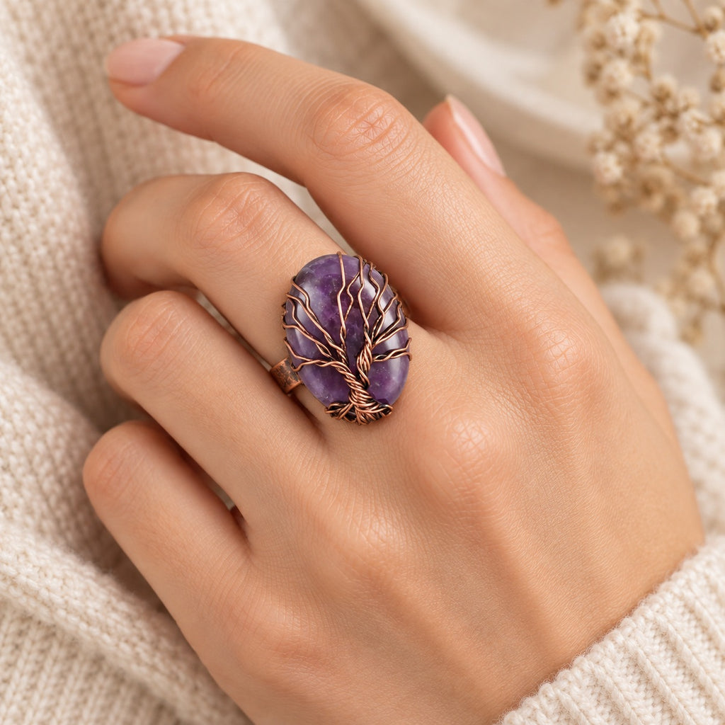Amethyst Rooted in Light Tree of Life Ring worn on a hand