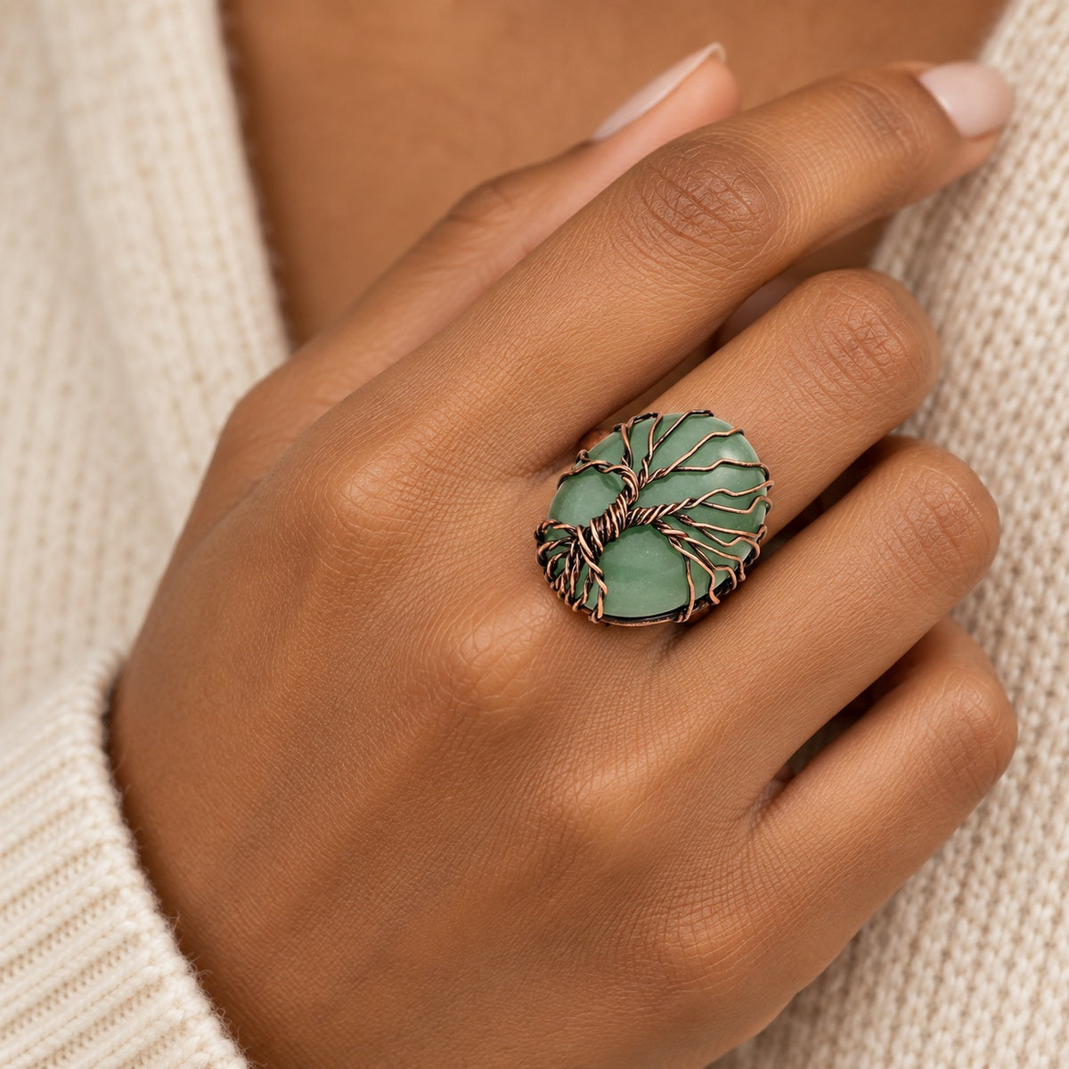 Sacred Roots Tree of Life adjustable green aventurine model ring