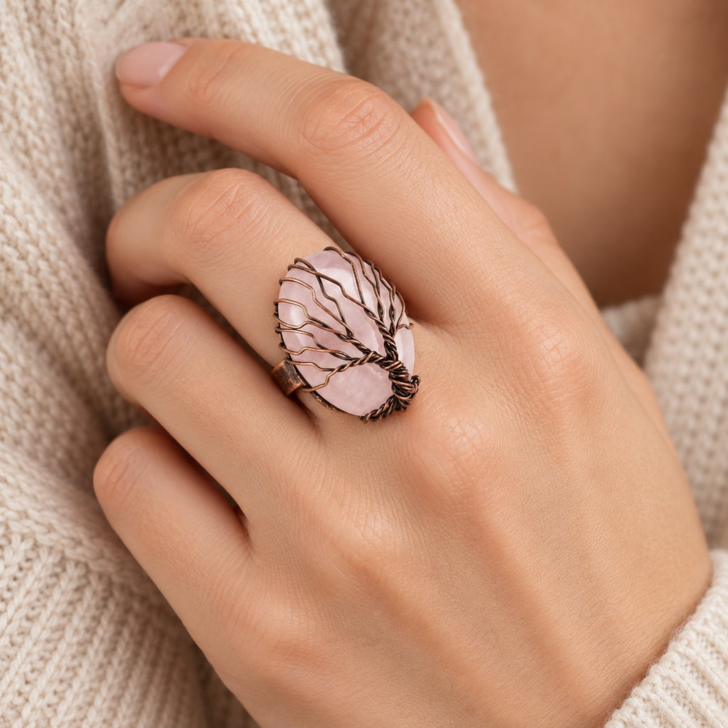 Sacred Roots Tree of Life adjustable rose quartz model ring