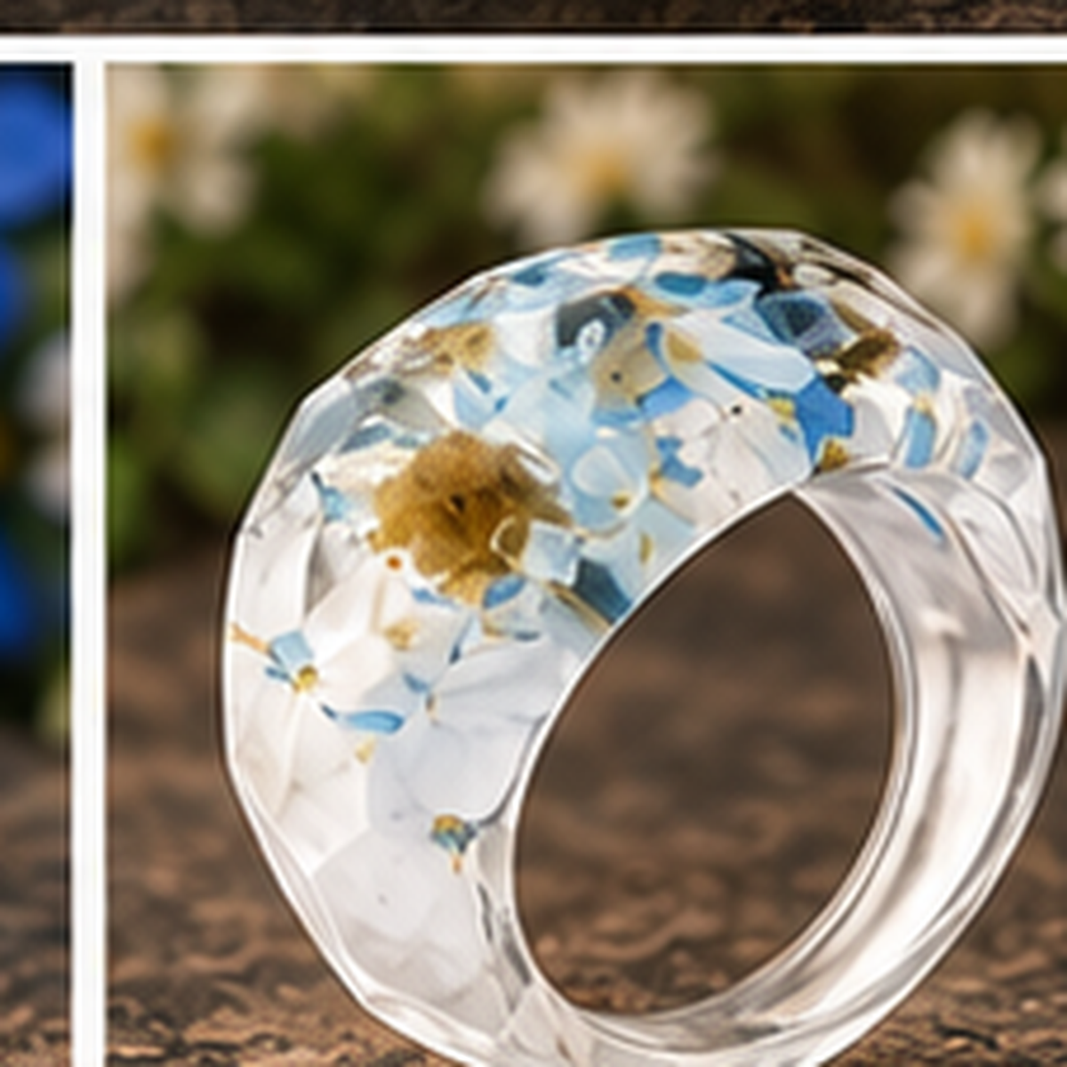 Skyglass Bloom Faceted Wildflower Resin Ring with natural floral background