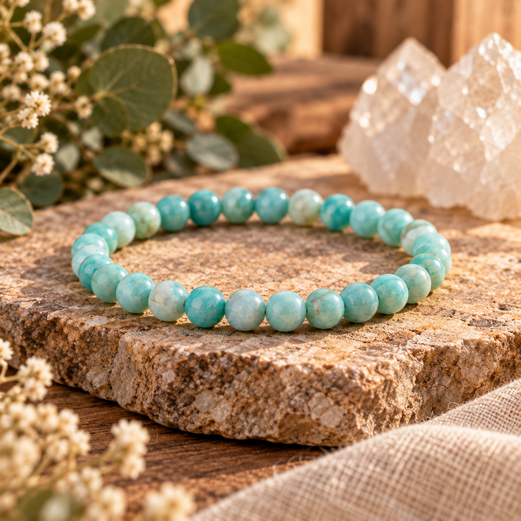 Amazonite Small Stone Intention Bracelet with 6mm beads on warm rustic stone