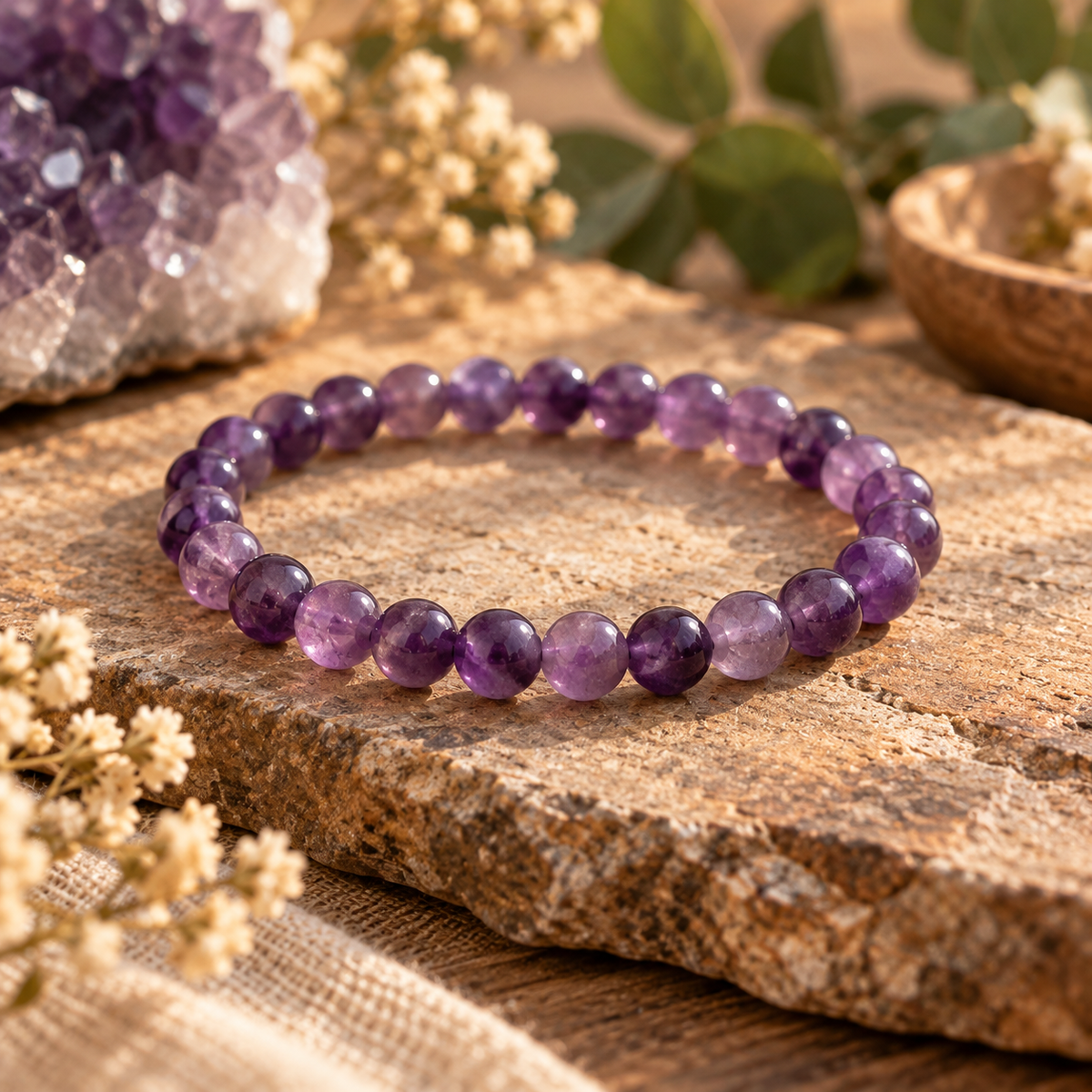 Amethyst Small Stone Intention Bracelet with 6mm beads on warm rustic stone