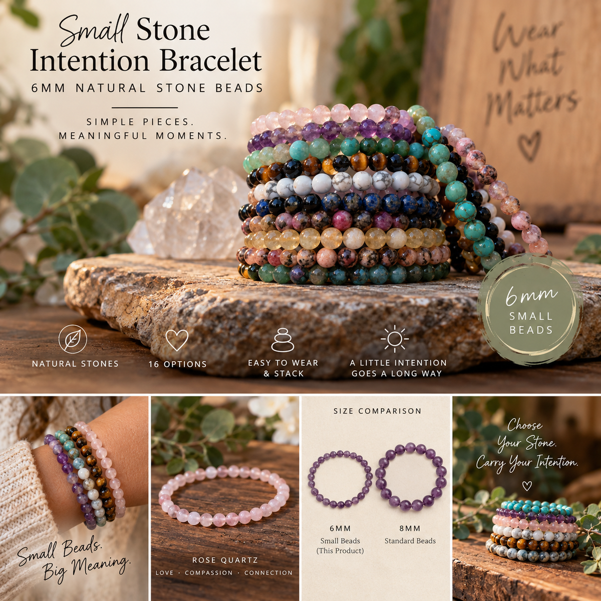 Small Stone Intention Bracelet with 6mm natural stone beads, RYL styled product image