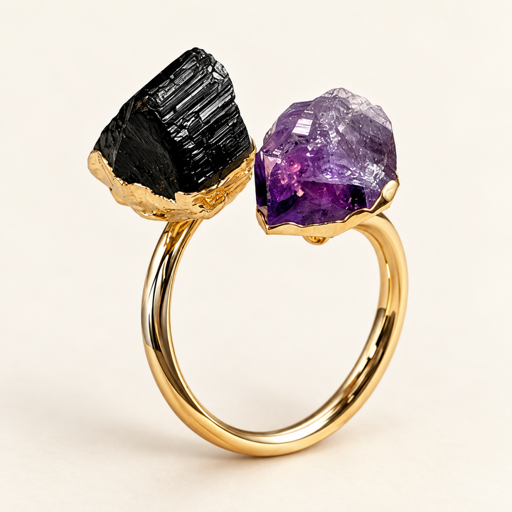 Black tourmaline and amethyst adjustable gold-tone ring, isolated view