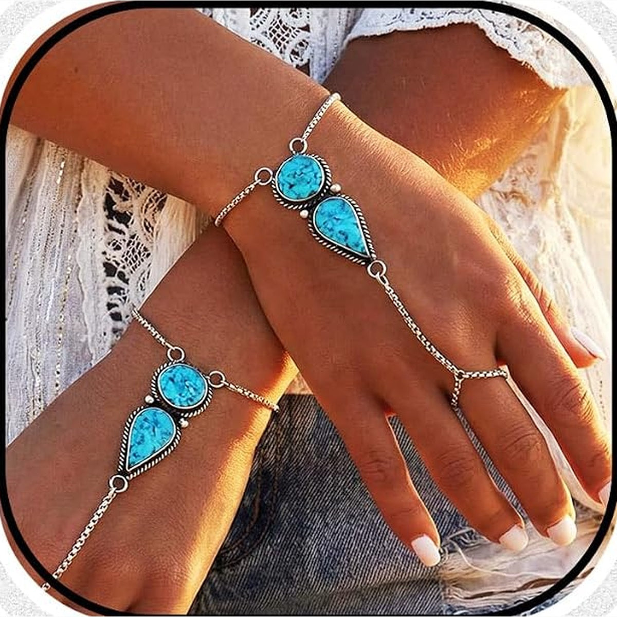 Steady Current turquoise hand chain bracelet worn across the hand