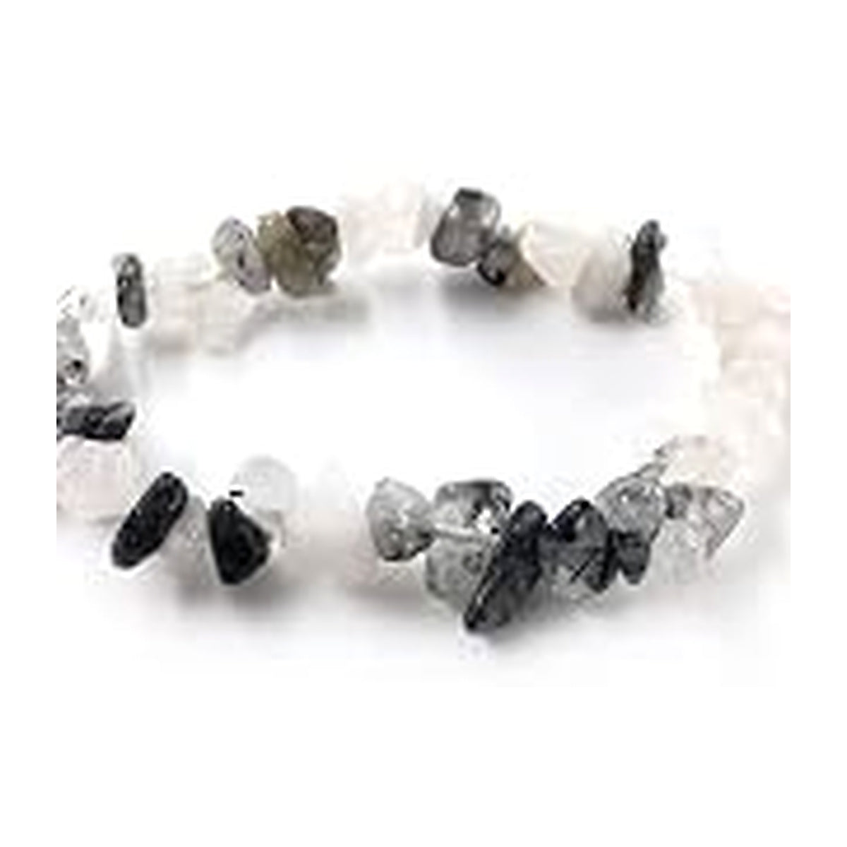 Tourmalinated Quartz irregular stone chip stretch bracelet on a white background