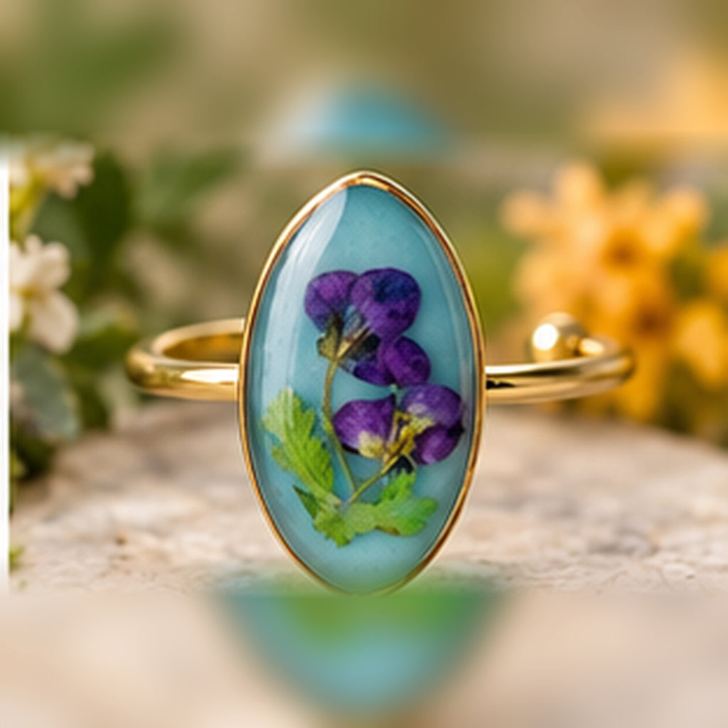 Violet Grace adjustable stainless steel pressed-flower ring with purple blooms on turquoise.