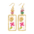 Wild flower mixed stone rectangle drop earrings with pressed pink and cream flowers