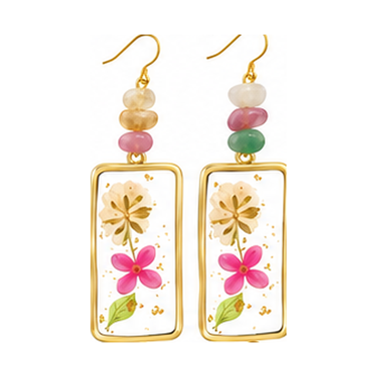 Wild flower mixed stone rectangle drop earrings with pressed pink and cream flowers