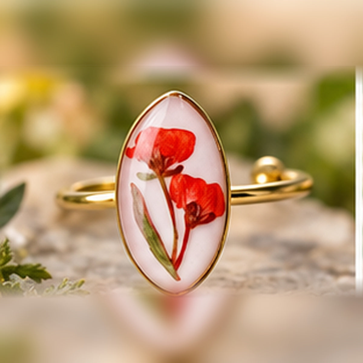 Wild Poppy adjustable stainless steel pressed-flower ring with red blooms.