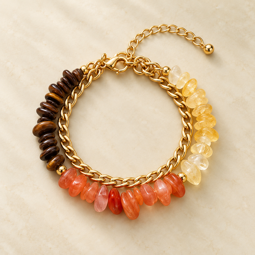 Aries gemstone chip bracelet — Tiger’s Eye (brown), Carnelian (orange-red), Citrine (pale yellow)
