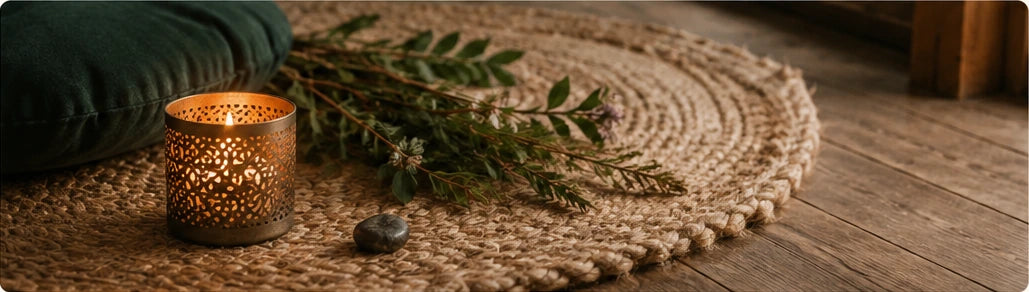 Lit candle beside greenery, a woven mat, a dark green cushion, and a small stone on a wooden floor