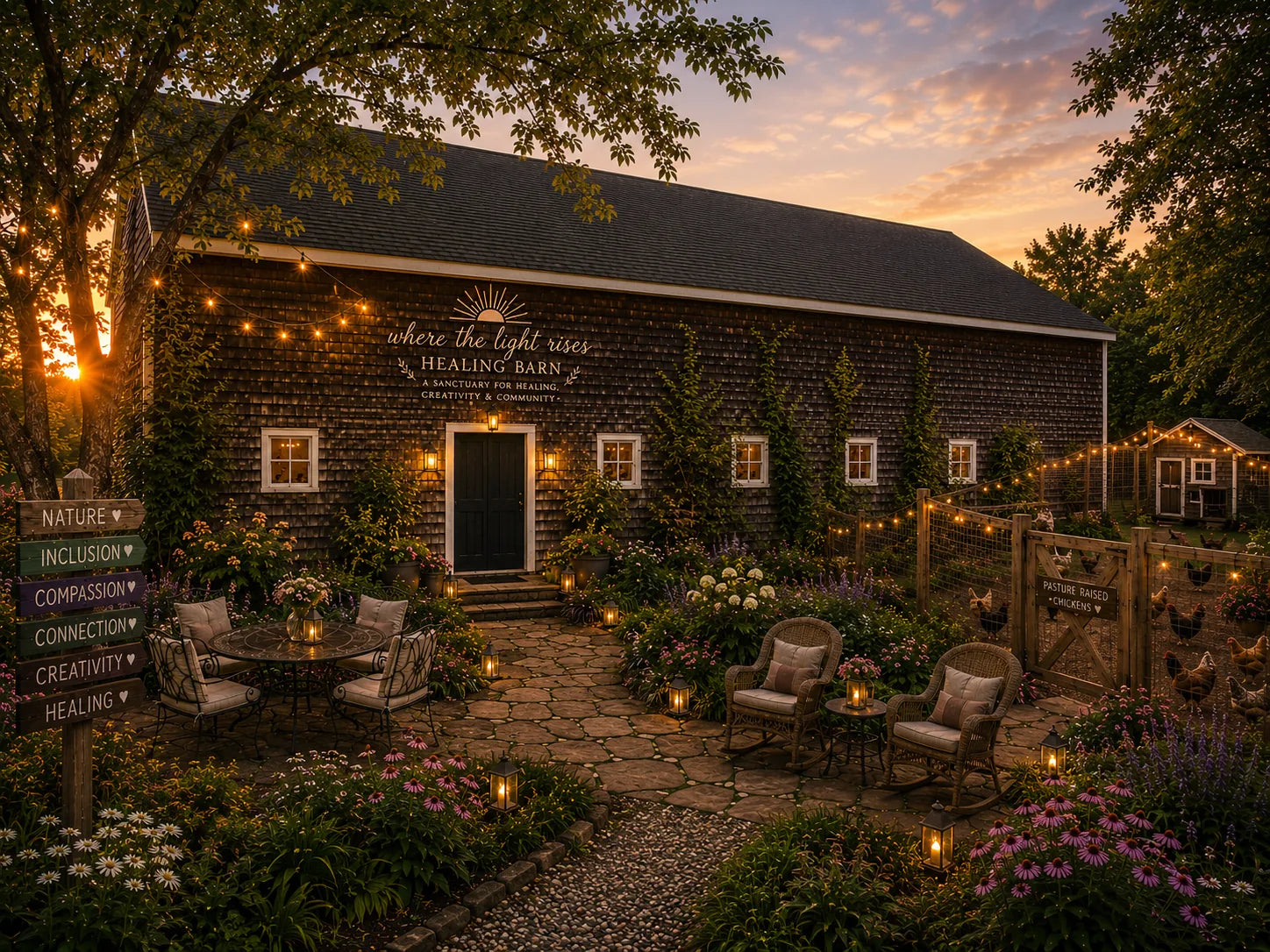 Virtual Healing Barn exterior at sunset with welcoming chairs, flowers, lanterns, and the values sign