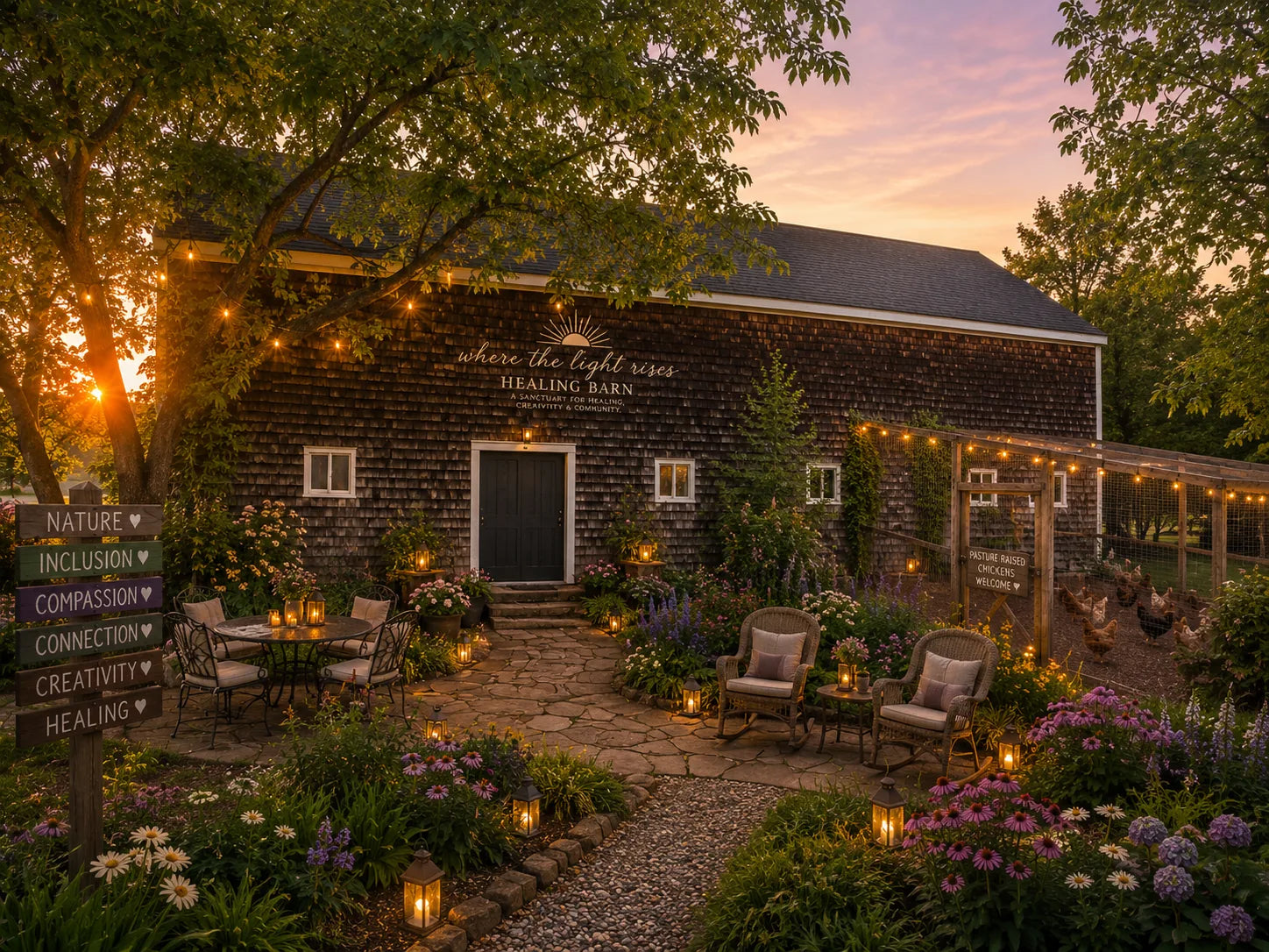 Wide view of the future Healing Barn property at golden hour with the dark-shingled barn, garden seating, lanterns, flowering paths, trees, and chicken area