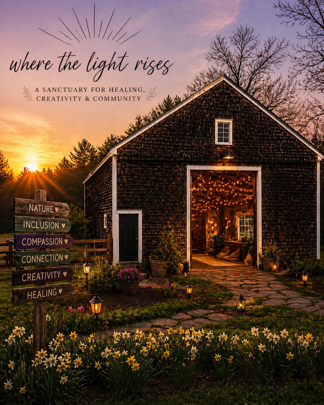 Healing Barn side and garden entrance at golden hour with the open doorway glowing, a stone path, lanterns, flowers, and a values sign for nature, inclusion, compassion, connection, creativity, and healing