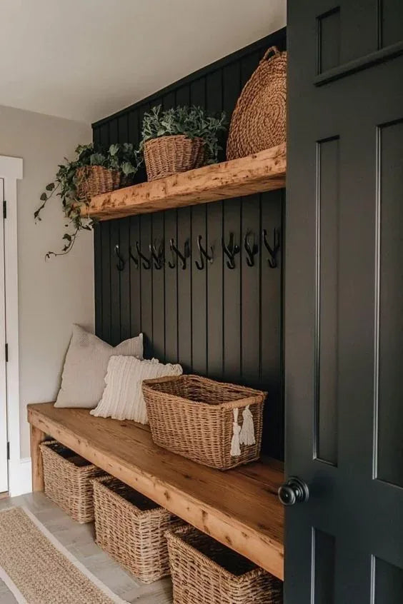 Warm Healing Barn entry with a wood bench, woven baskets, hooks, pillows, plants, and a calm place to arrive
