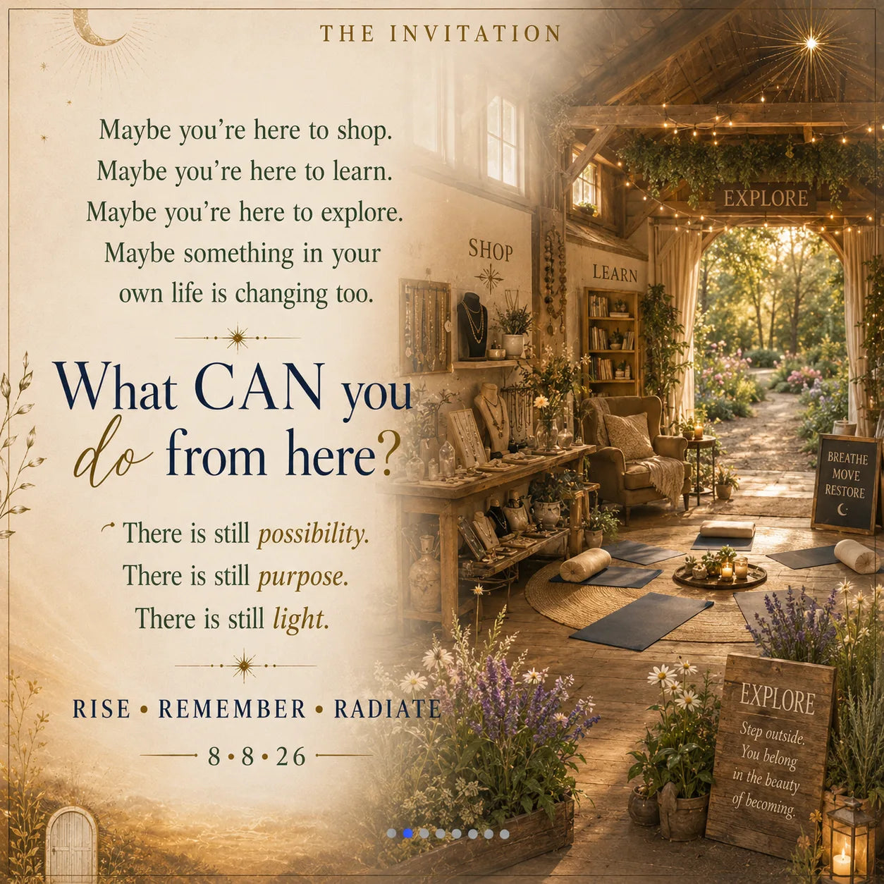 Warm imagined Healing Barn gift shop with jewelry displays, plants, comfortable seating, movement mats, golden lights, and an open garden doorway