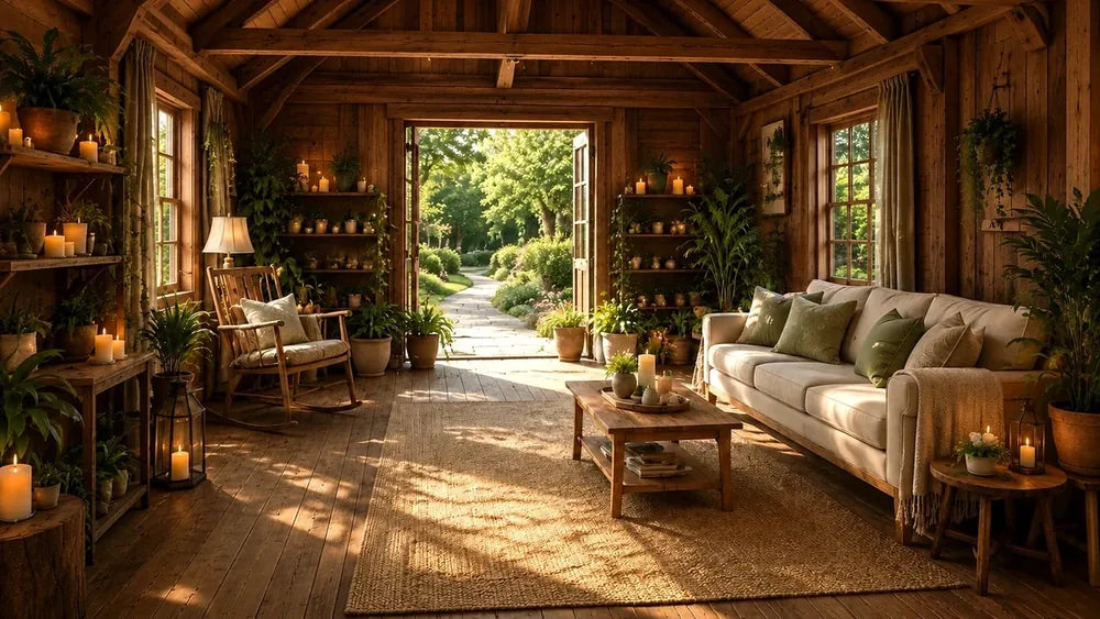 Warm open Healing Barn interior with exposed timber beams, wood floors, string lights, a long community table, shelves, plants, and an open multipurpose Great Room
