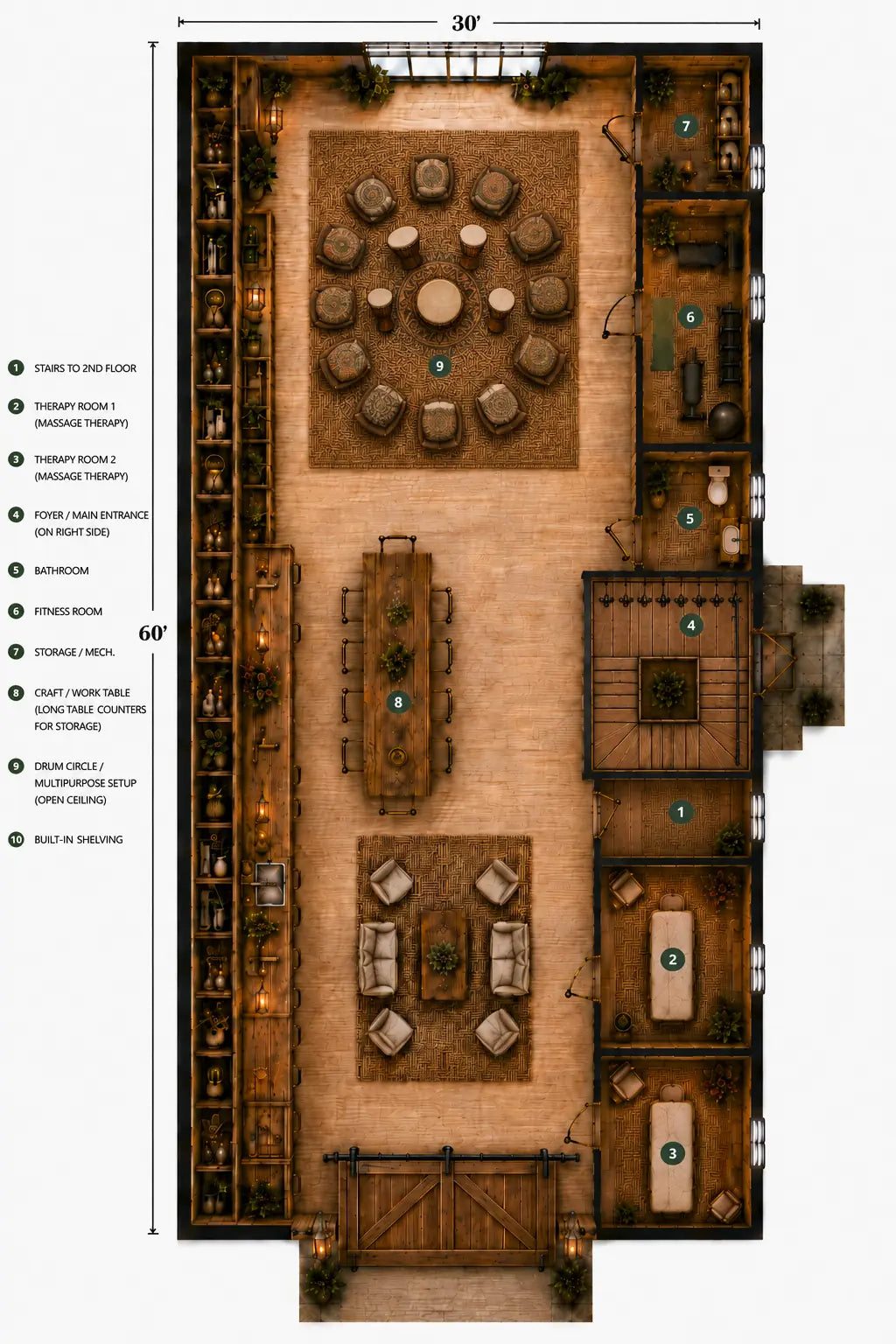 Room 10 configured as a sound and drum circle in the approved Healing Barn layout