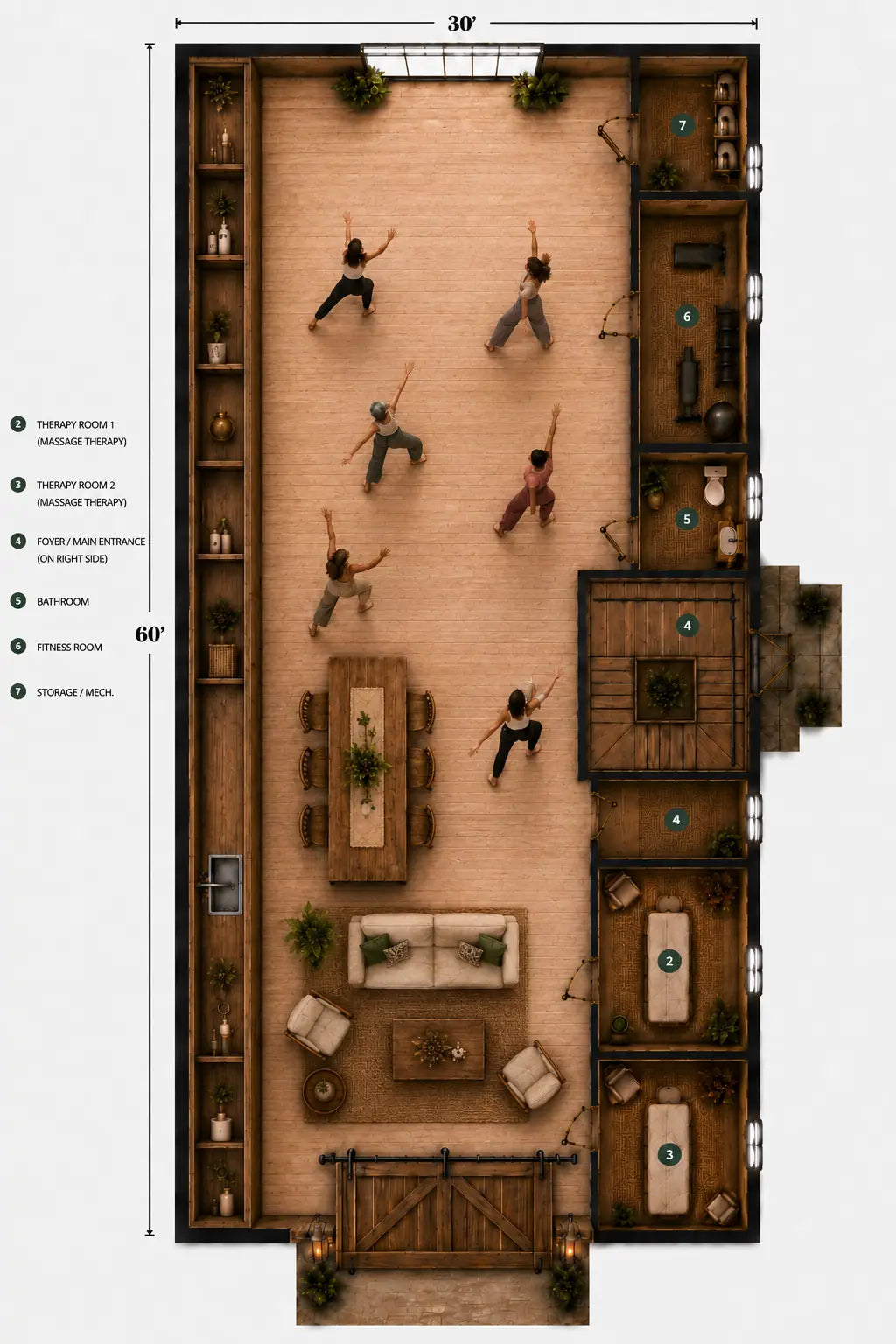 Room 10 configured with an open floor for movement and dance in the approved Healing Barn layout