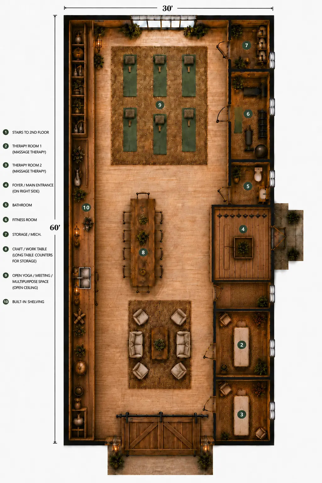 Room 10 configured for yoga and quiet movement in the approved Healing Barn layout