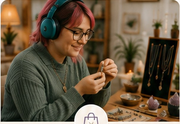 Person wearing over-ear headphones working at a table with small creative materials