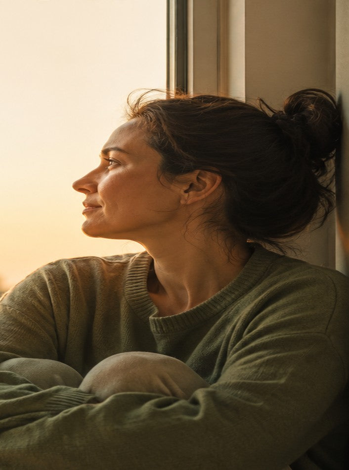 Person sitting quietly by a window in a low-stimulation moment