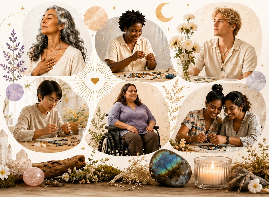 Inclusive creative community with jewelry making, reflection, crystals, botanicals, and warm natural elements