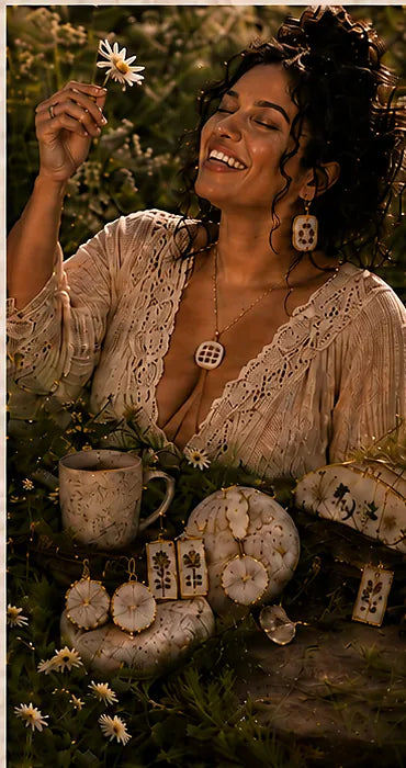Empowered by Nature model with botanical jewelry and flowers