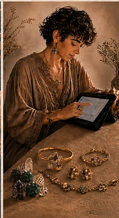 Radiant Differences model with puzzle-inspired jewelry representing individuality and belonging