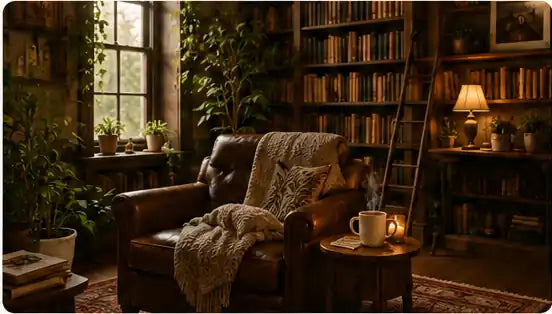 Cozy learning library with warm wood shelves, books, plants, a comfortable chair, and soft natural light