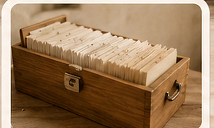 Organized wooden file box representing more Learning Library topics