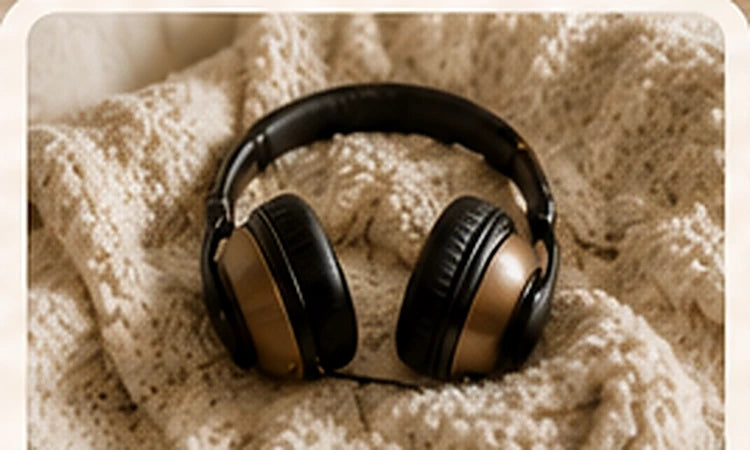 Headphones on a soft blanket representing videos, podcasts, and audio