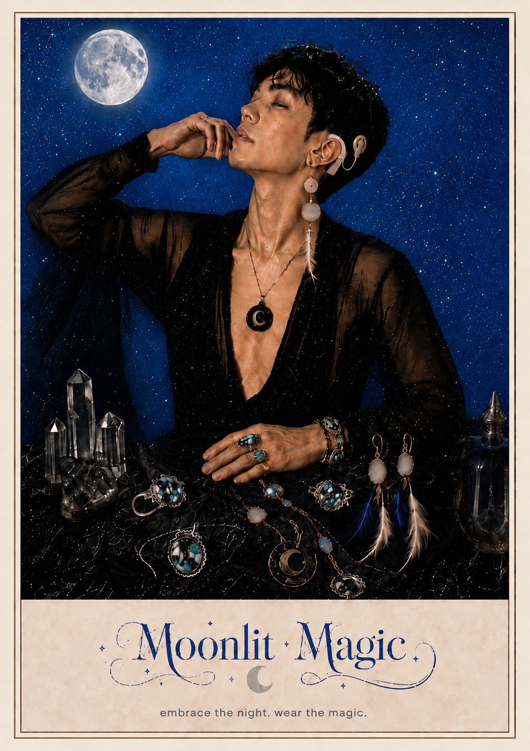 Moonlit Magic model wearing moon-inspired jewelry beneath a night sky