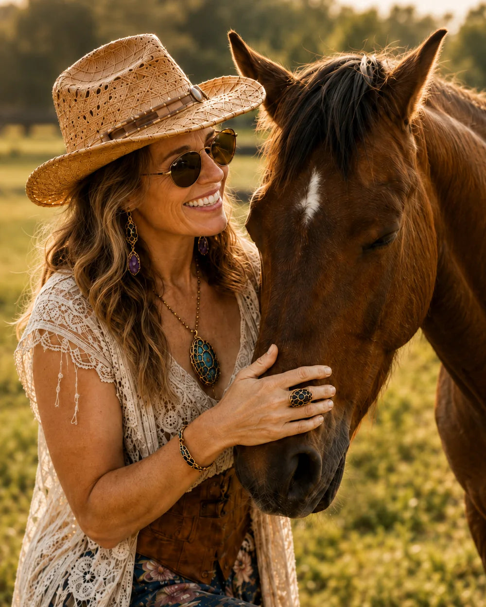 Meg outdoors beside a horse in warm golden light